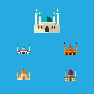 Simge yapı, mimarisi, Minare ve diğer vektör nesneleri kümesi Bina düz. Ayrıca cami, Müslümanlık, mimari öğeler içerir.