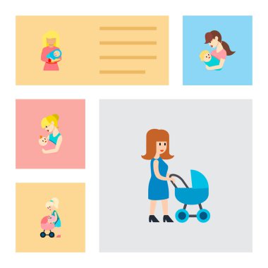Simge düz anne Dadı, anne, perambulator ve diğer vektör nesnelerini ayarlayın. Ayrıca anne, Bebek, perambulator öğeler içerir.