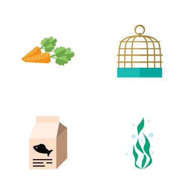 Simge düz hayvan koymak deniz yosunu, kuş hapishane, kök sebze ve diğer vektör nesneleri. Aynı zamanda su, deniz yosunu, besin öğeleri içerir.