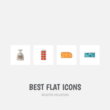 Simge düz gıda kümesi konserve balık, şeker çanta, aşk elması ve diğer vektör nesneleri. Ayrıca domates, aşk, ton balığı öğeleri içerir.