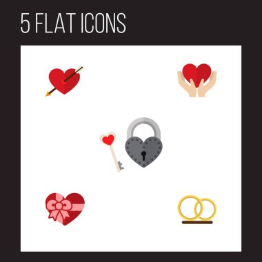 Simge düz kalp bakım, nişan, ok ve diğer vektör nesneleri kümesi. Ayrıca kalp, düğün, anahtar öğeleri içerir.