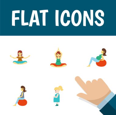 Anne, yoga, meditasyon ve diğer vektör nesneleri simge düz hamile kümesi. Ayrıca hamile, içerir kadın, fitness elemanları.