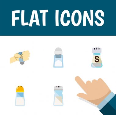 Simge düz sodyum lezzet, baharatlı, shaker ve diğer vektör nesnelerini ayarlayın. Ayrıca tuz, şişe, tuzluk öğeleri içerir.