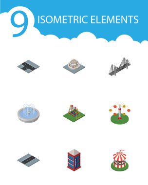 İzometrik mimari telefon kulübesi, yol, park dekorasyon ve diğer vektör nesneleri kümesi. Ayrıca çeşme, booth, köprü içeren öğeleri.
