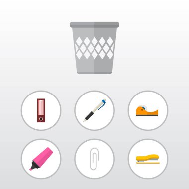 Simge düz aracı vurgulayıcı, yapışkan bant, zımba ve diğer vektör nesnelerini ayarlayın. Ayrıca araç, kalem, raptiye öğeleri içerir.