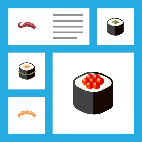 Ikonuppsättning platt maki sushi, lax rullar, skaldjur och andra vektorobjekt. Innehåller även äta, mat, fisk och skaldjur element. — Stock vektor