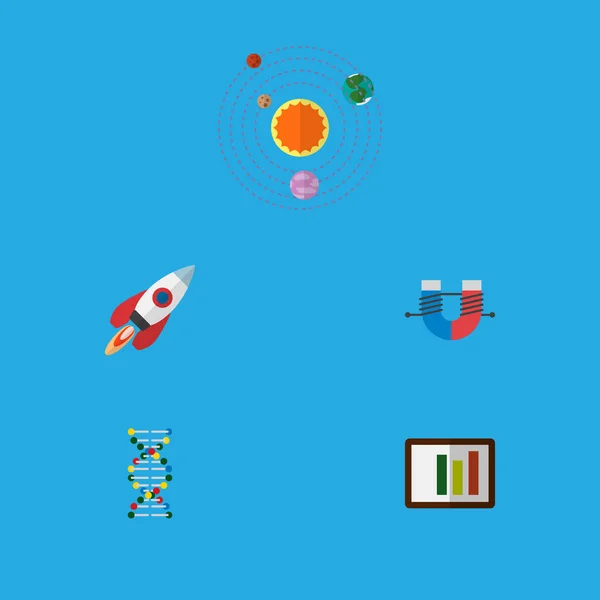 Symbol flache Studie Satz von Sonnensystem, Magnet, Säulendiagramm und anderen Vektorobjekten. umfasst auch Genom, Solar, Helixelemente. — Stockvektor