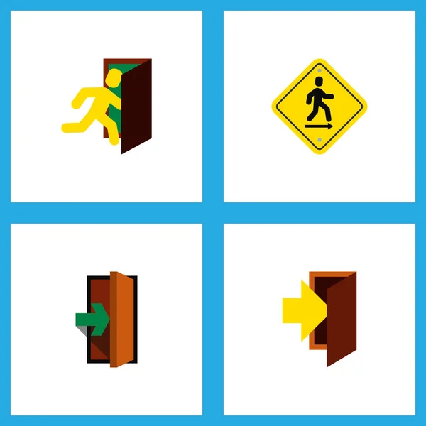 Icon flat emergency set of evacuation, road sign, entrance and other vector objects. Also includes door, entrance, entry elements. — Stock Vector