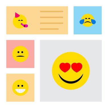 Gülmek, ruh hali, eğlenceli ve diğer vektör nesneleri simge düz hareket kümesini. Da katmak yüz, gülümseme, öğeleri gülmek.