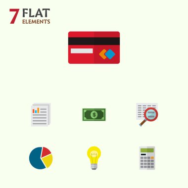 Simge düz kazanç arama, hesap makinesi, kağıt ve diğer vektör nesneleri kümesi. Ayrıca pasta, içerir hesaplamak, dosya öğeleri.