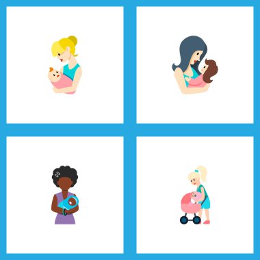 Yeni doğan bebek, üst, perambulator ve diğer vektör nesneleri simge düz anne seti. Ayrıca bebek, üst, yeni doğan öğeleri içerir.