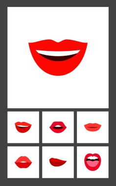 Gülmek, pomad, öpücük ve diğer vektör nesneleri simge düz ağız seti. Ayrıca dudak, ağız, içerir pomad öğeleri.