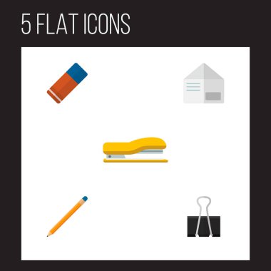 Simge düz ekipman raptiye, Zımba, kalem ve diğer vektör nesnelerini ayarlayın. Ayrıca araç, kauçuk, zarf öğeleri içerir.