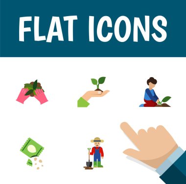 Simge düz tohum ekmek, bitki, çiftçi ve diğer vektör nesneleri seti. Ayrıca bitki, kadın, paket öğeleri içerir.