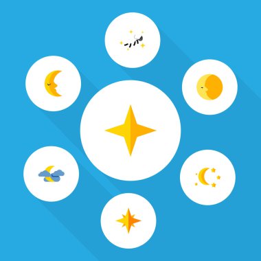 Simge düz gece yarısı gece, gece gökyüzünde, hilal ve diğer vektör nesnelerini ayarlayın. Ayrıca ay, yıldız, gökyüzü unsurları içerir.