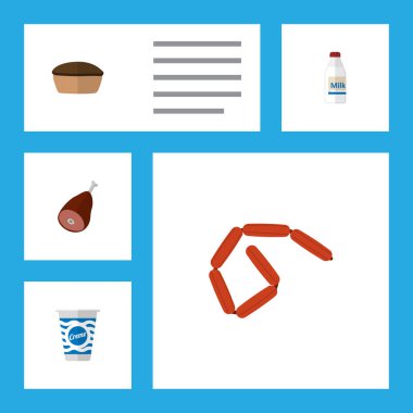 Frankfurt, krem, jambon ve diğer vektör nesneleri simge düz yemek ayarla. Ayrıca pasta, lezzetli, tart öğeleri içerir.