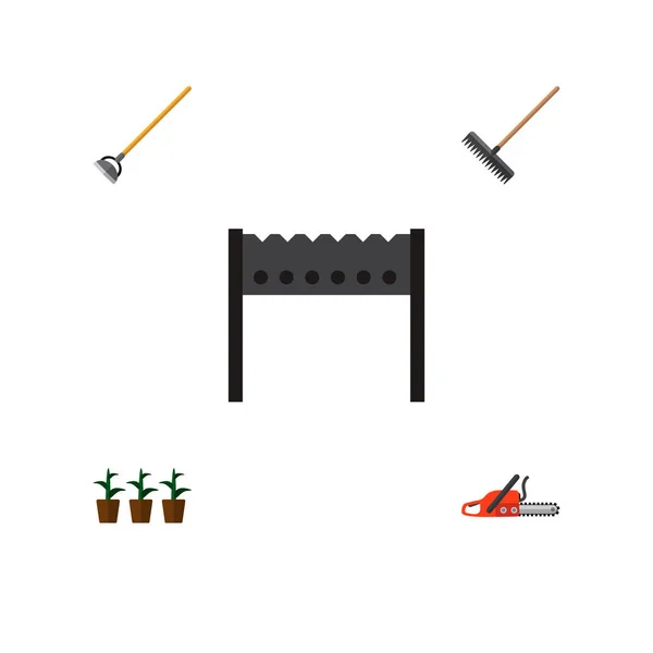 Pictogram platte boerderij set hark, brazier, schoffel en andere vectorobjecten. Ook gereedschap, barbecue, schoffel elementen. — Stockvector