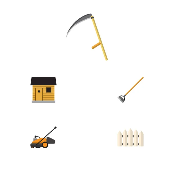 Conjunto de dacha plana ícone de cortador de grama, cortador, barreira de madeira e outros objetos vetoriais. Também inclui ferramenta, foice, elementos de madeira . — Vetor de Stock