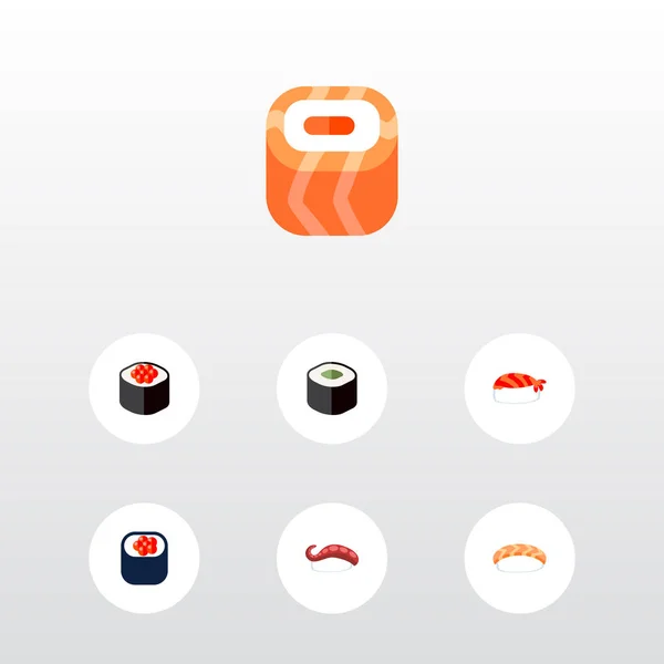 Icono maki plano conjunto de rollos de salmón, sushi, comer y otros objetos de vectores. También incluye sushi, salmón, rollos de elementos . — Vector de stock