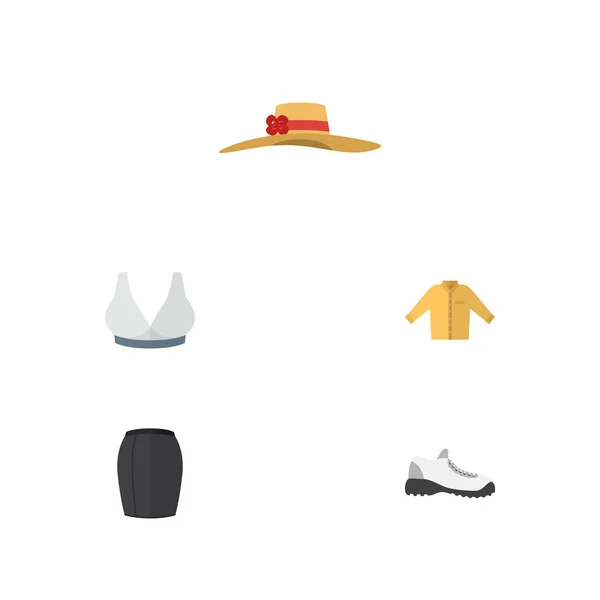 Ensemble de vêtements plats Icône de chemise, soutien-gorge de sport, chapeau de femme et autres objets vectoriels. Comprend également femme, chapeau, éléments mammaires . — Image vectorielle