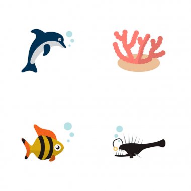 Ton balığı, fener balığı, Yunus ve diğer vektör nesneleri simge düz doğa ayarlayın. Ayrıca balık, oynak, deniz yosunu unsurları içerir.