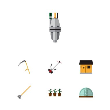 Simge düz kulübemde tesisi, tırpan, ahır ve diğer vektör nesnelerini ayarlayın. Ayrıca araç, kesici, otlak öğeleri içerir.