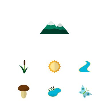 Simge düz ekoloji kelebek, dağ, güneş ve diğer vektör nesneleri kümesi. Ayrıca pinnacle, lagün, mantarlar öğeleri içerir.
