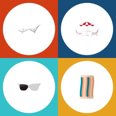 Simge düz Sezon dizi beach tablo, havlu, şezlong ve diğer vektör nesneleri. Ayrıca RECLINER, bez, plaj öğeleri içerir.