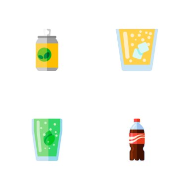Gazlı içecek, meyve suyu, limonata ve diğer vektör nesneleri simge düz soda seti. Ayrıca içki, limonata, içecek öğeleri içerir.