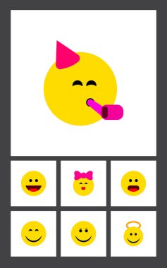 Gülümseme, neşeli, sevinç ve diğer vektör nesneleri simge düz emoji seti. Ayrıca gülümseme, yüz, içerir sevinç öğeleri.