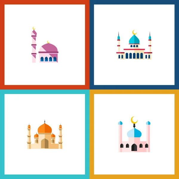 Icono conjunto de mezquitas planas de estructura, mezquita, objetos vectoriales tradicionales y otros. También incluye elementos de construcción, mezquita, minarete . — Vector de stock