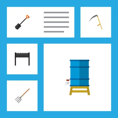 Kürek, Yaba, su deposu ve diğer vektör nesneleri simge düz kulübemde seti. Ayrıca araç, konteyner, Barbekü öğeleri içerir.