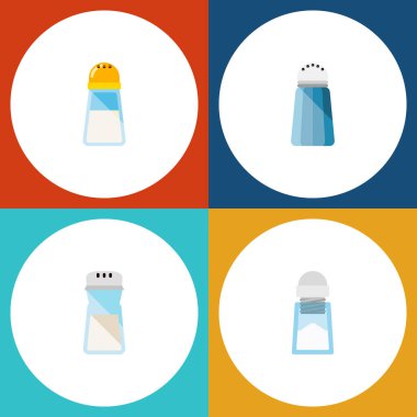 Simge düz lezzet Tuzluk, baharat ve diğer vektör nesneleri kümesi. Ayrıca tuz, içerir şişe, baharat öğeleri.