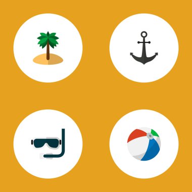 Simge düz plaj çapa, top, palmiye ve diğer vektör nesnelerini ayarlayın. Ayrıca topu, Hindistan cevizi, aqualung öğeleri içerir.