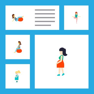 Hamilelik, anne, poz ve diğer vektör nesneleri simge düz hamile kümesi. Ayrıca hamile, içerir kadın, fitness elemanları.