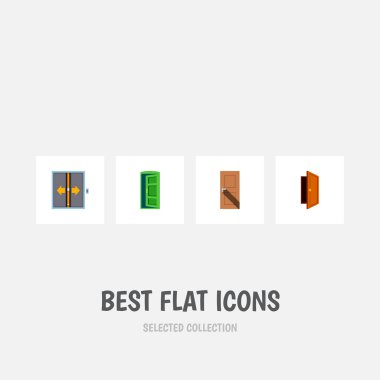 Asansör, yaklaşım, çıkış ve diğer vektör nesneleri simge düz yaklaşım seti. Ayrıca kapı, çıkış, yaklaşım öğeleri içerir.