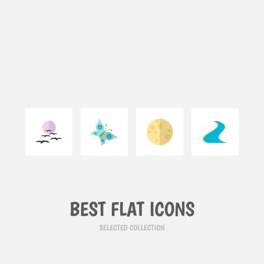 Moon, nehir, kelebek ve diğer vektör nesneleri simge düz doğal kümesi. Ayrıca ay, martı, monarch öğeleri içerir.