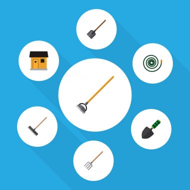 Simge düz Bahçe tırmık, kürek, ahır ve diğer nesneleri kümesi. Ayrıca araç, kürek, spatula öğeleri içerir.