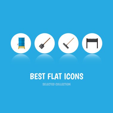 Simge düz Bahçe mangal, su deposu, kürek ve diğer nesneleri kümesi. Ayrıca araç, mangal, tank öğeleri içerir.