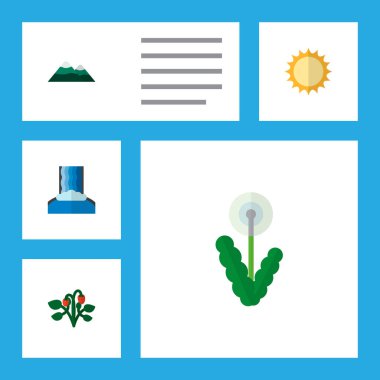 Simge düz biyo ayarla karahindiba, güneş, dağ nesneleri. Ayrıca güneş ışığı, içerir doruk, art arda sıralı öğeleri.