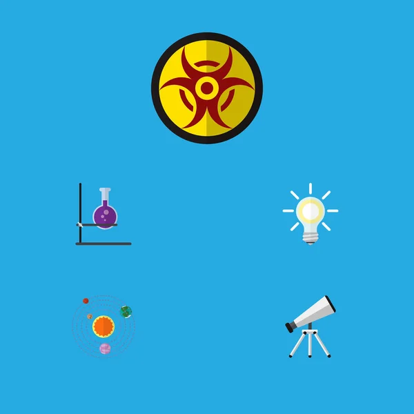 Icon flat knowledge set of telescope, solar system, biohazard and other  objects. Also includes solar, danger, light elements.