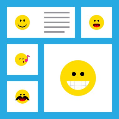 Şarkı, gülümseme, bıyık ve diğer vektör nesneleri simge düz yüz seti. Ayrıca yüz, emoji, sırıtış öğeleri içerir.