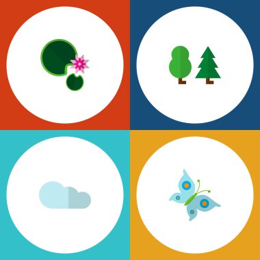 Simge düz doğa bulut, kelebek, ağaç ve diğer vektör nesnelerini ayarlayın. Ayrıca lily, lotus, kelebek içerir öğeleri.