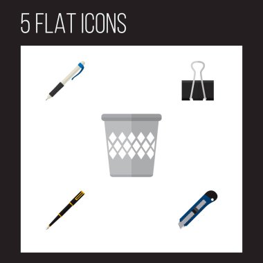 Kalem, raptiye, kesici ve diğer vektör nesneleri simge düz ekipman ayarla. Ayrıca kalem, NIB, yazma öğeleri içerir.