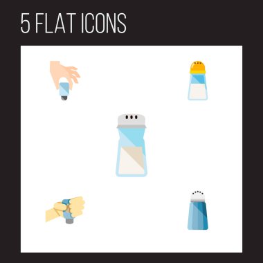 Lezzet, shaker, dökün ve diğer vektör nesneleri simge düz sodyum seti. Ayrıca tuz, içerir dökün, el öğeleri.