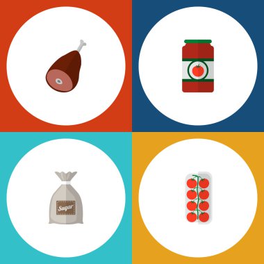 Şeker çanta, aşk elması, jambon ve diğer vektör nesneleri simge düz yemek seti. Ayrıca domates, aşk, içerir çanta öğeleri.