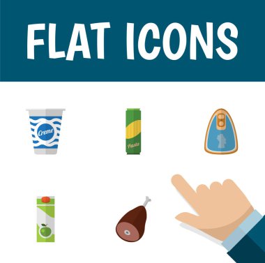 Makarna, krem, elma suyu ve diğer vektör nesneleri kümesi yemek düz simgesi. Ayrıca makarna, fileto, sığır eti öğeleri içerir.