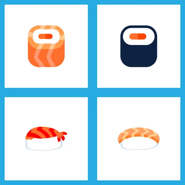 Icono de sushi plano conjunto de maki, sushi, rollos de salmón y otros objetos vectoriales. También incluye sushi, mariscos, elementos maki . — Archivo Imágenes Vectoriales