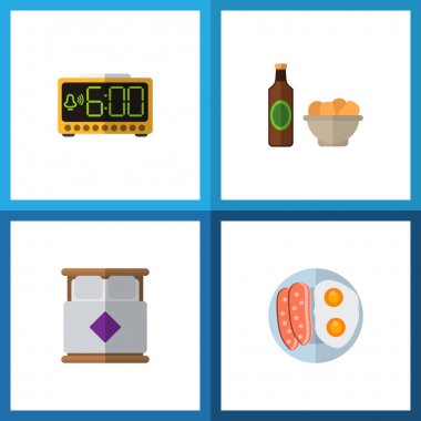 Simge düz oneday Çift Kişilik Yatak, Kahvaltı, aperatifler ve diğer vektör nesnelerini ayarlayın. Ayrıca yatak, fiş, elektrik öğeleri içerir.