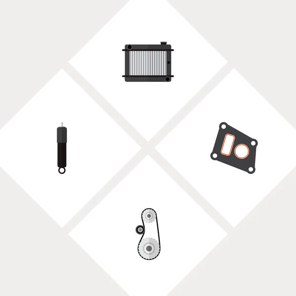 Icono conjunto automático plano de radiador, absorbedor, correa de transmisión y otros objetos vectoriales. También incluye cinturón, embalaje, elementos termostáticos . — Archivo Imágenes Vectoriales